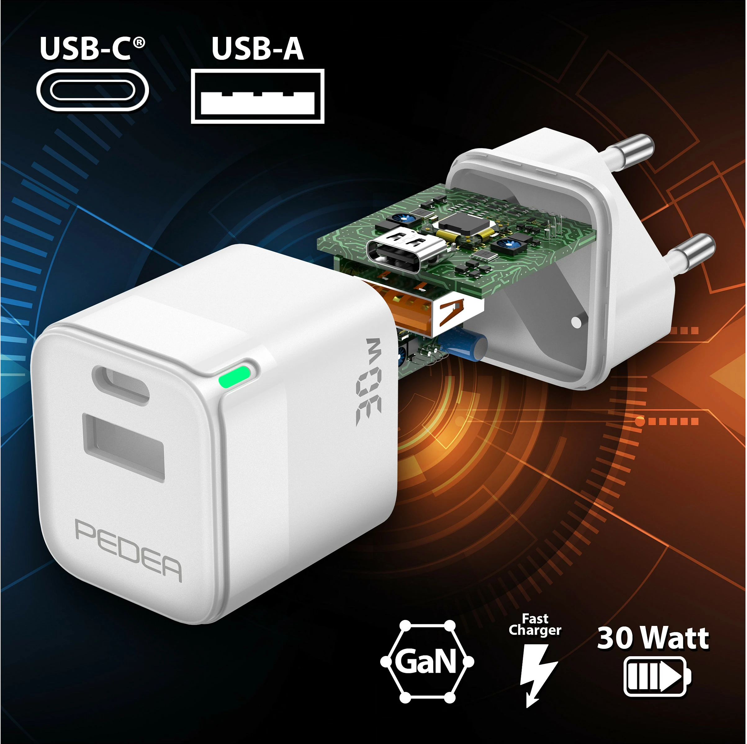 Karikues muri PEDEA 60040106, 30W, USB-C + USB-A, Fast Charging, i bardhë
