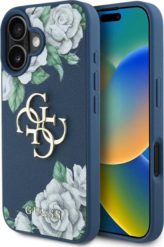 Mbështjellës Guess Grained Roses Big 4G logo për iPhone 16, Blu
