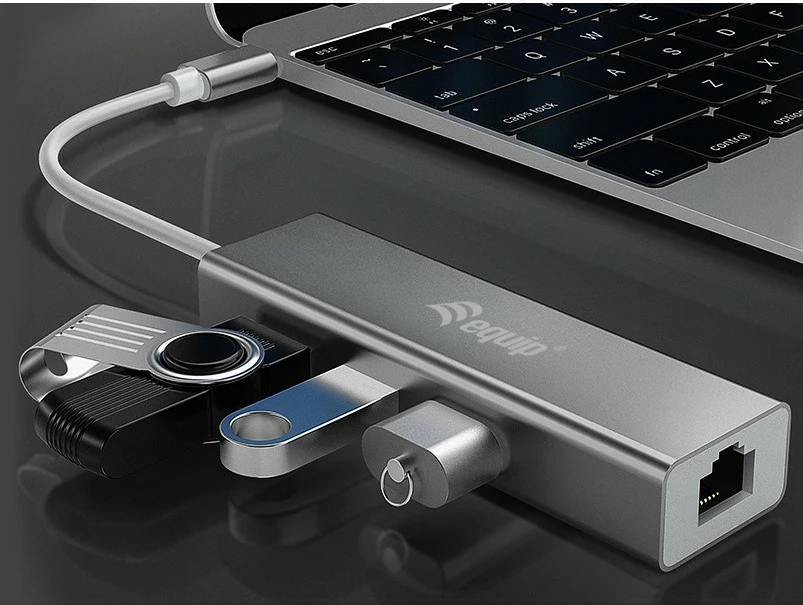 USB-C hub Equip 133481, 3 porte USB 3.0, Gigabit Ethernet, alumini, silver