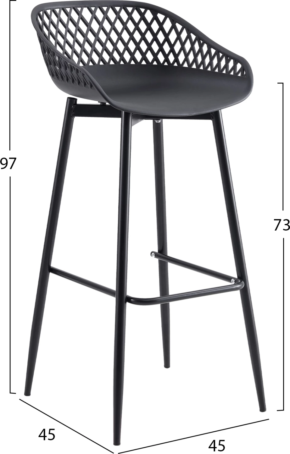 Karrige për bar FH8686.12, polipropilen dhe këmbë metali të zeza, 45x45x97H cm, set prej 2 copë