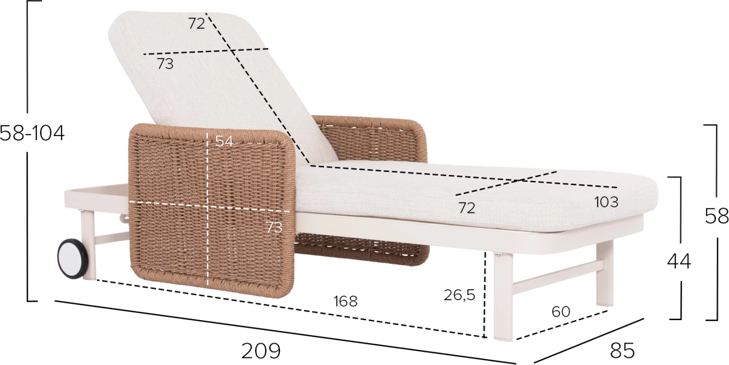 Shezlong alumini, ngjyrë fildishi, ratan natyral, jastëk bezhë, 205.5x86x58-104H