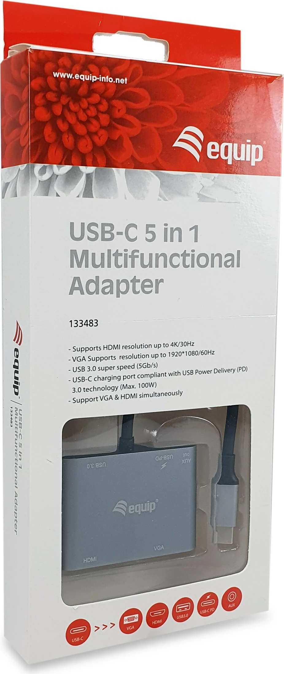 Adapter USB-C multifunksional Equip 5-në-1, 100W, HDMI, VGA, USB 3.0, AUX, zi/gri