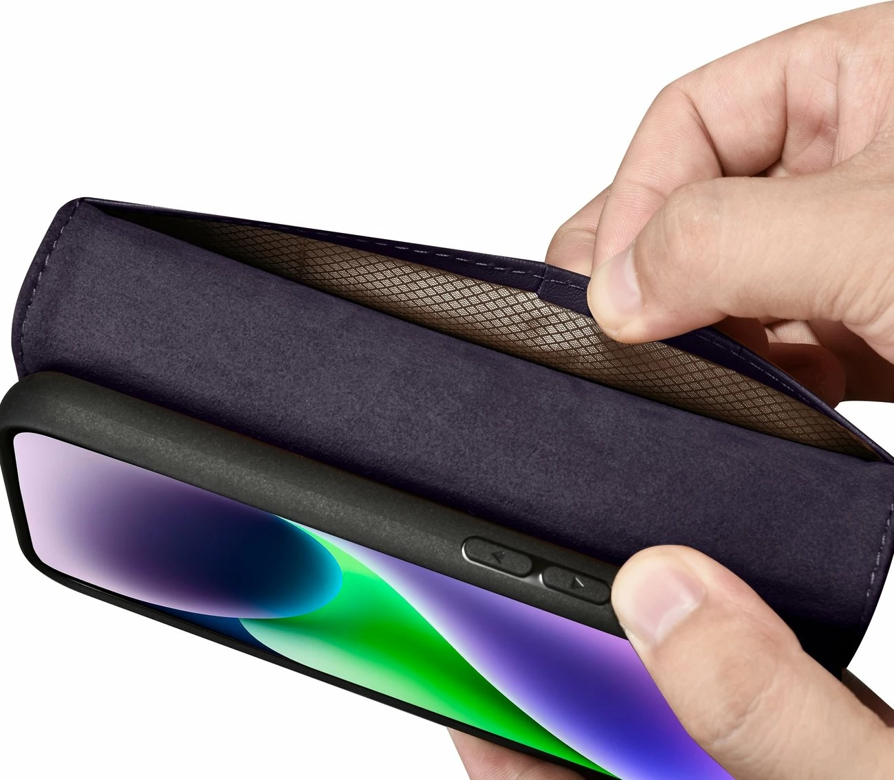Mbështjellës iCarer Wallet Case 2in1 për iPhone 14 Plus, lëkurë natyrale, Anti-RFID, Vjollcë e errët
