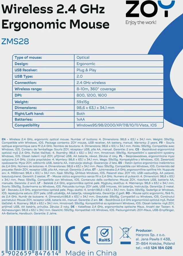 Maus wireless ZOY ZMS28 1600 DPI, 4 butona, receiver USB, i zi/grafit, set me bateri AA
