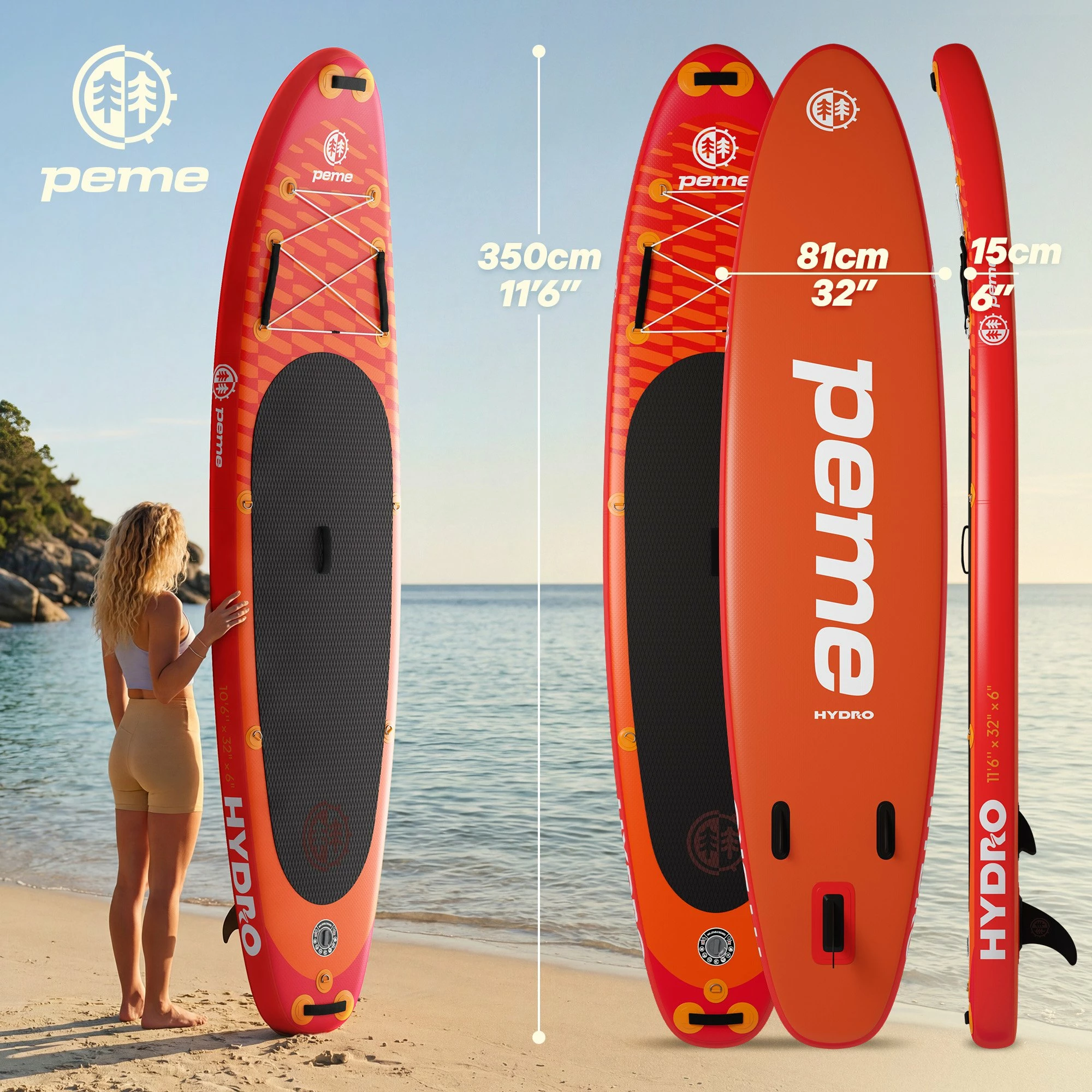 Dërrasë SUP inflatuese Peme Hydro 350 350x81x15 cm, deri 166 kg, 18 PSI, portokalli/kuqe (Sunset Orange), set me lopatë 2-në-1 + pompë + çantë shpine