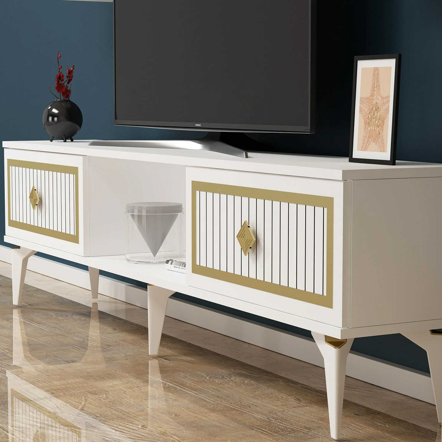 Komodë TV Hanah Home, Nil, e bardhë dhe e artë