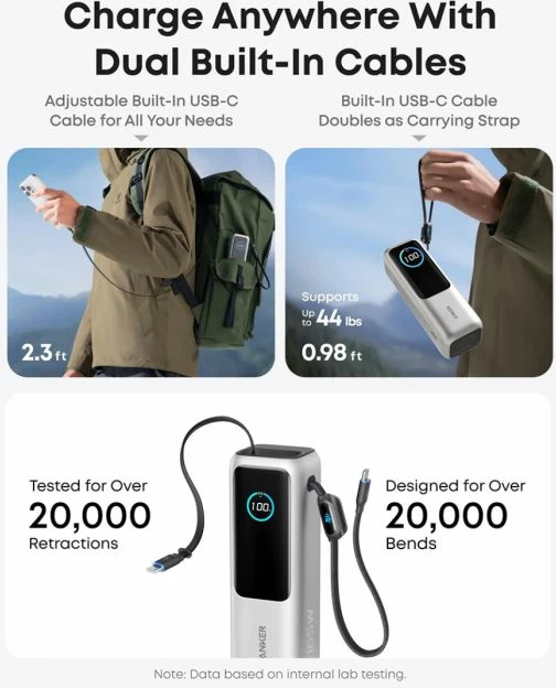 Powerbank Anker A1695H41 25000 mAh 165W me kabllo USB-C të integrume, argjend