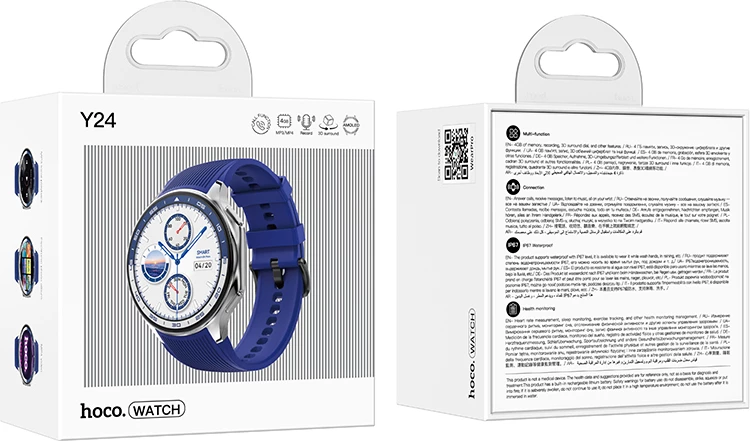 Smartwatch HOCO Y24, ekran AMOLED 1.43\", thirrje Bluetooth, 4GB+128MB, IP67, bateri 390mAh, argjendtë me rrip blu