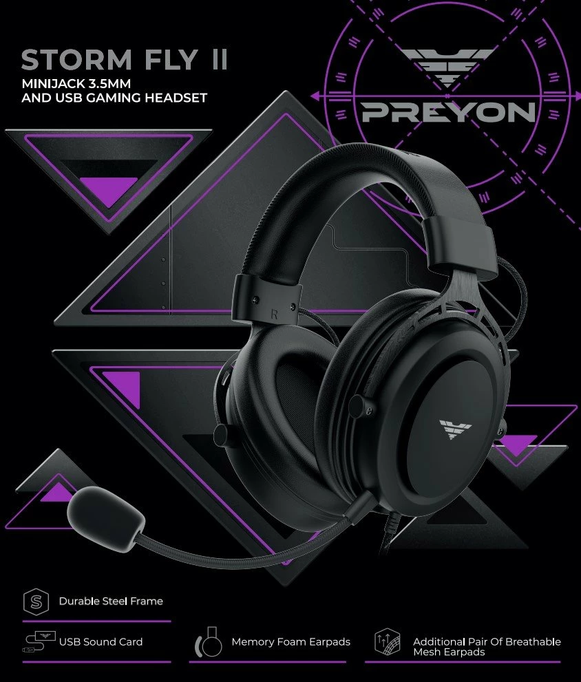 Kufje gaming PREYON Storm Fly II PSF253B 7.1 surround, me mikrofon të shkëputshëm, wired USB/3.5 mm, të zeza