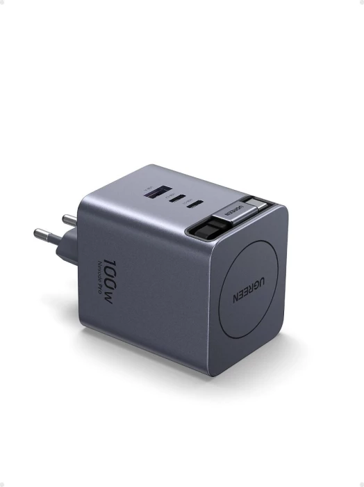 Karikues USB-C GaN UGREEN X616 (65828) 100W me kabllo tërheqëse 0.75 m, 4 porta, gri