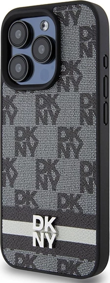 Mbështjellës DKNY Leather Checkered Mono Pattern & Printed Stripes për iPhone 15 Pro, i zi