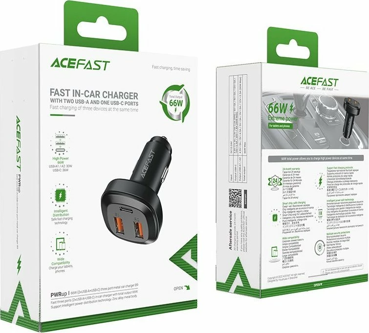 Karikues veture Acefast B9 66W, 2x USB-A + 1x USB-C, karikim i shpejtë, i zi