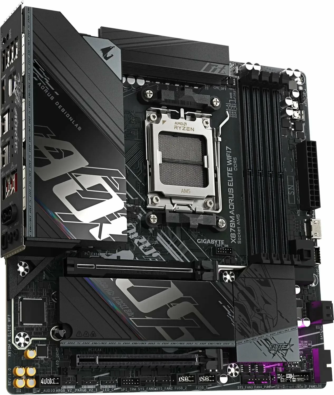 Pllakë amë Gigabyte X870M AORUS ELITE WIFI7 (AM5, Micro ATX, DDR5, Wi‑Fi 7) e zezë, me antenë Wi‑Fi