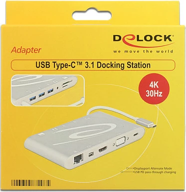 Docking station USB-C DeLOCK 87298, HDMI/miniDP/VGA, RJ-45, 3x USB-A, SD/microSD, 3.5mm, argjendtë