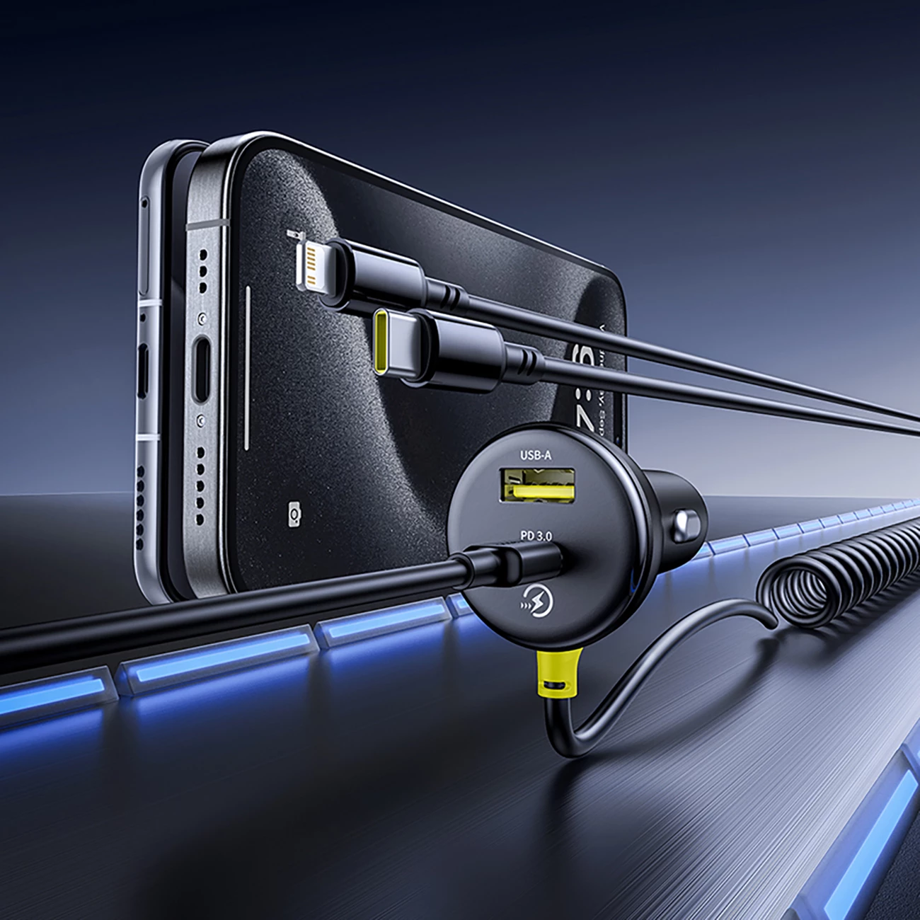 Karikues veture Baseus Circular, 60W, USB-A + USB-C, kabllo e integruar Lightning + USB-C 1.4m, e zezë