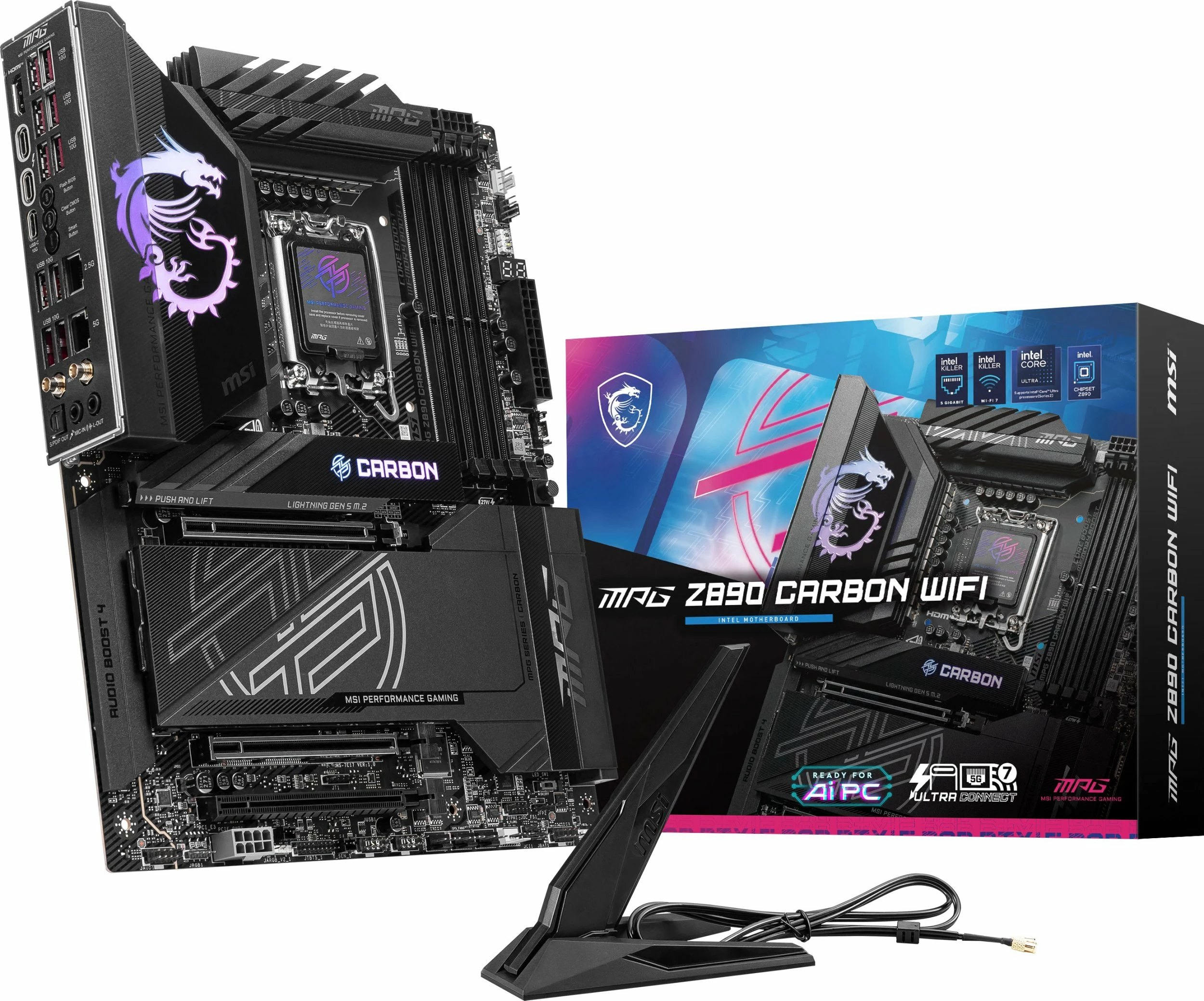 Pllakë amë MSI MPG Z890 CARBON WIFI, ATX, DDR5, Wi‑Fi 7, PCIe 5.0, e zezë, set me antenë WiFi + 2x kabllo SATA + pendrive