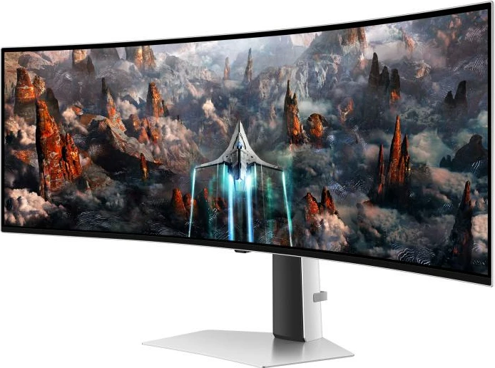 Monitor OLED gaming, Samsung, Odyssey G9 G93SC LS49CG934SUXEN, 49" super ultrawide 32:9 i lakuar, 240Hz 0.03ms, G‑Sync compatible, HDMI 2.1/DisplayPort/USB hub, altoparlantë të integruar, e zezë dhe argjendtë