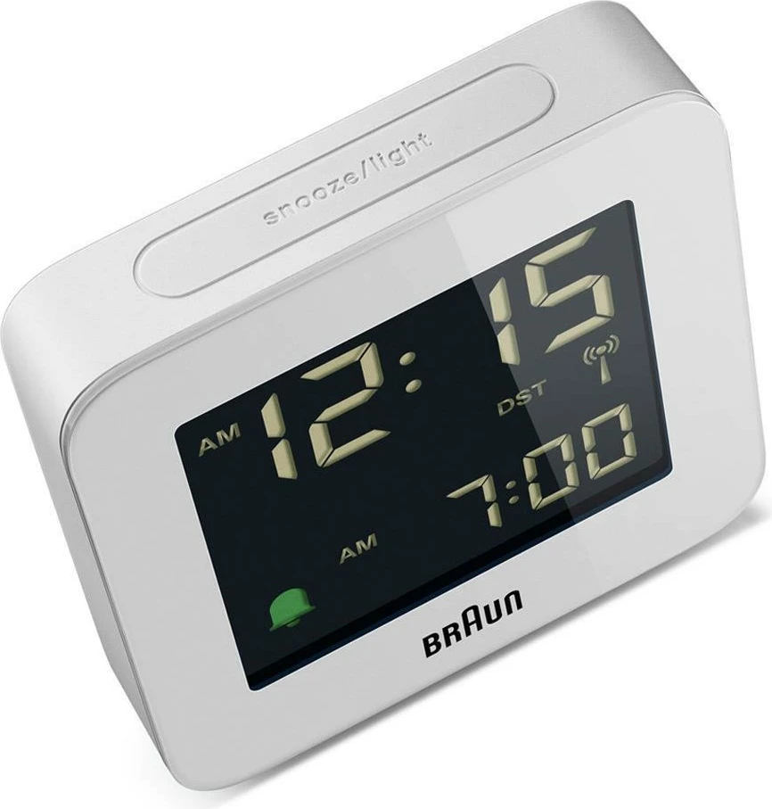 Orë alarmi digjitale Braun BC09-DCF, LCD, 12/24h, e bardhë