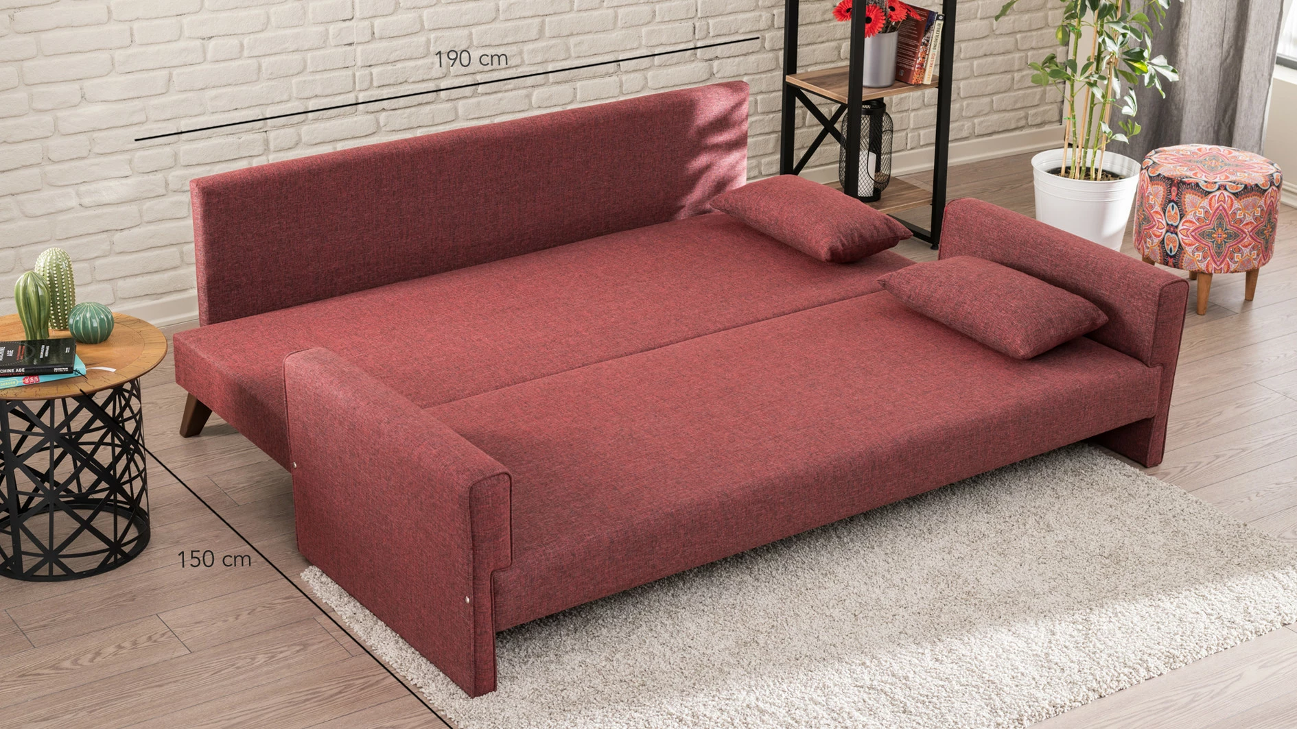 Divan-krevat treshe, ngjyrë e kuqe Claret, Bella Sofa Bed