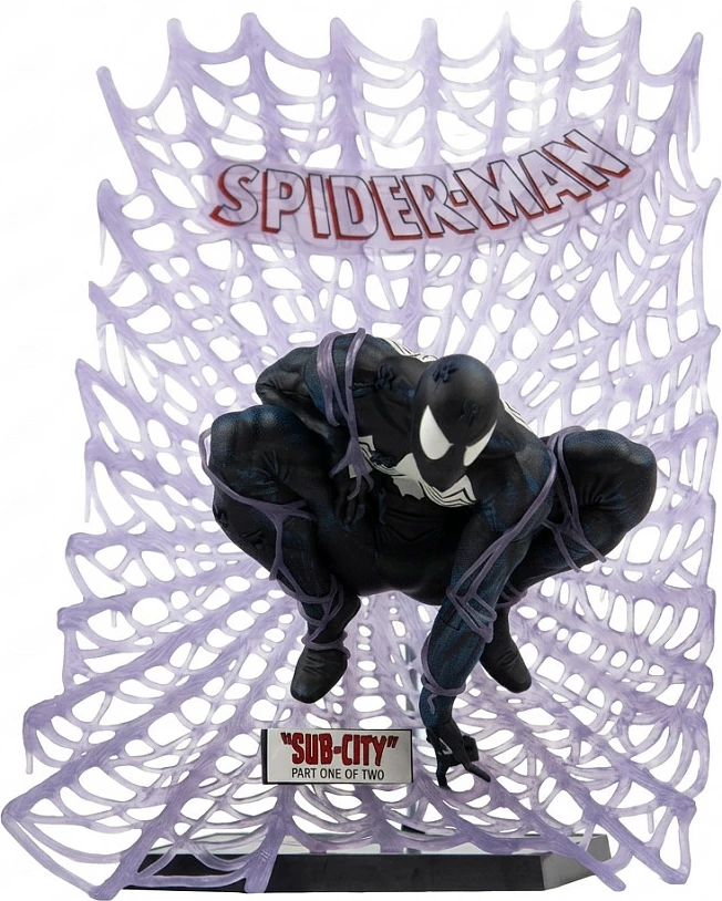 Figurinë koleksionuese McFarlane Marvel Spider-Man Black Suit, dioramë me rrjetë, e zezë