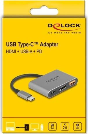 Adapter USB Type-C DeLOCK, HDMI 4K 30Hz, USB Type-A, USB Type-C PD 90W, gri