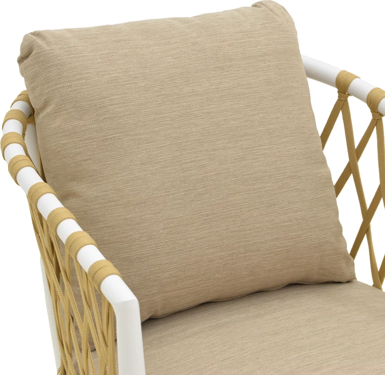 Karrige e ulët Peluxe, alumin i bardhë, litar natyral, jastëkë bezhë, 57x60x78cm