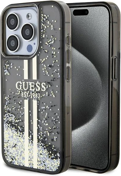 Mbështjellës Guess Liquid Glitter Gold Stripes për iPhone 15 Pro, i zi