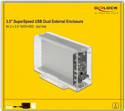 Kasë e jashtme DeLOCK Dual për 2x HDD/SSD SATA 2.5/3.5", USB-C, transparente