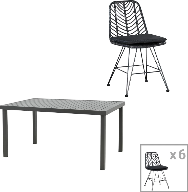 Set tavoline me 6 karrige Naoki-Kliton II, alumin anthracite, ratan PE, ngjyrë e zezë, 150x80x74cm