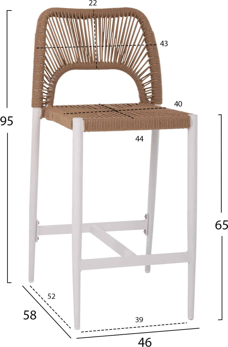 Karrige për bar, lartësi mesatare, FH5920.01, alumin i bardhë me ratan sintetik bezhë, 46x58x95H cm