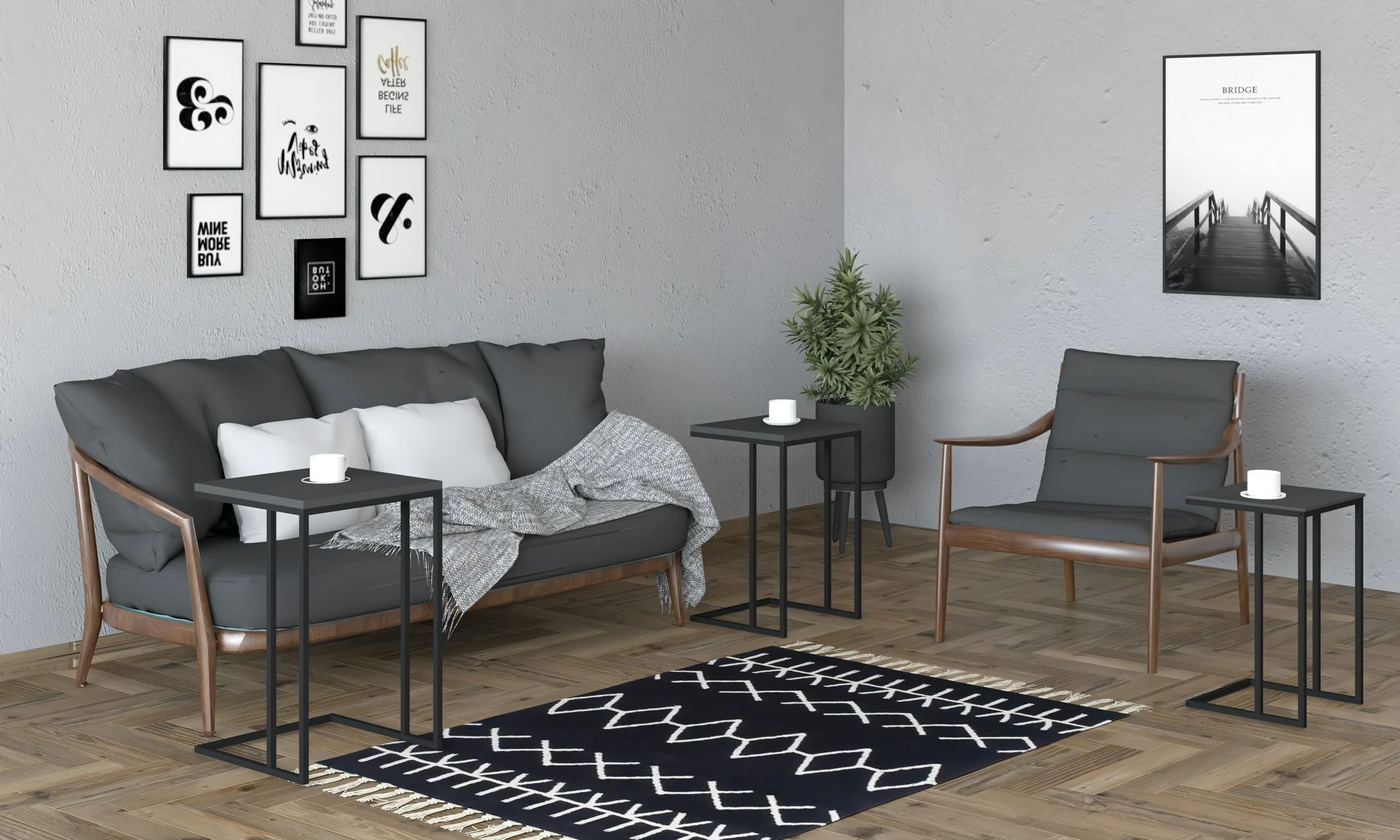 Set tavolinash ndihmëse të vendosshme, 3 copë, ngjyrë e zezë, antracit, Skye Decor