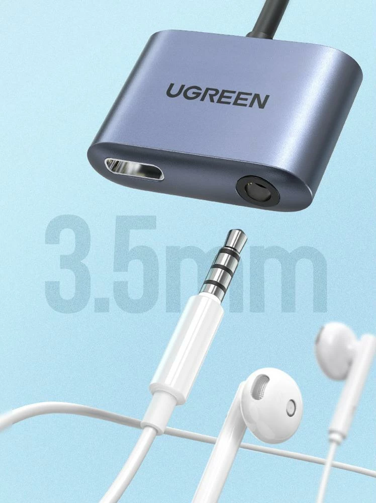 Adapter AV Ugreen CM231 USB-C në 3.5mm + USB-C, PD/QC 30W, gri