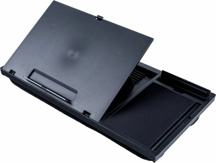Mbajtëse laptopi Q-Connect KF14471, e rregullueshme në lartësi dhe kënd, me mauspad dhe mbajtëse telefoni, 51.8 x 28.1 x 5.9 cm, e zezë