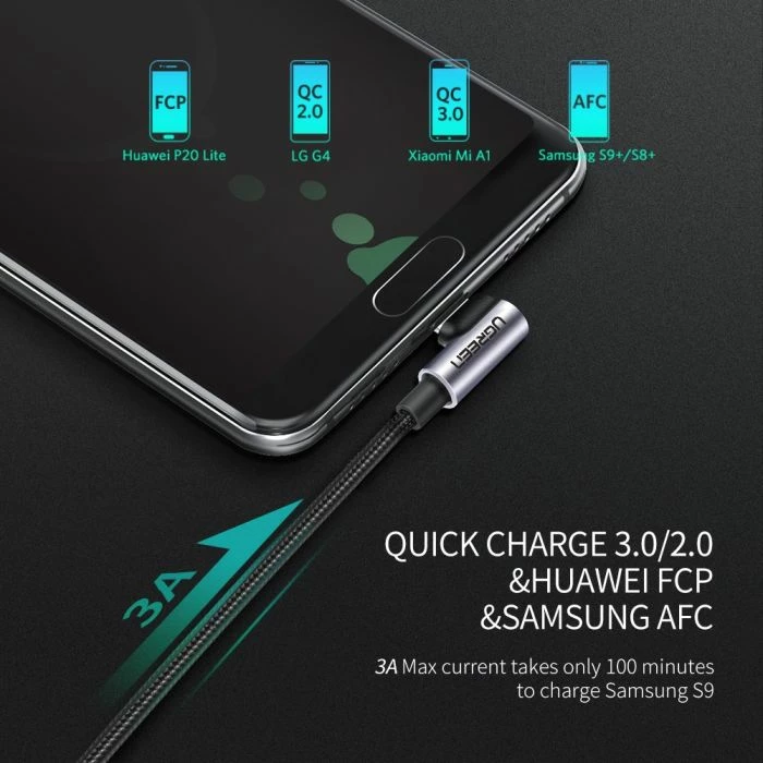 Kabllo USB-A 2.0 në USB-C me kënd UGREEN 50941 1 m, QC 3A, Polybag, e zezë/gri