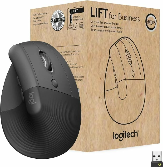 Maus vertikal ergonomik Logitech Lift for Business 910-006494, wireless, Bluetooth/Logi Bolt, 4000 DPI, grafit (OEM)