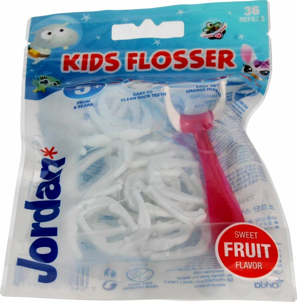 Flosser me fije dentare për fëmijë Jordan Kids Flosser 5+ me shije frutash, set 1 dorezë + 36 refilla, rozë