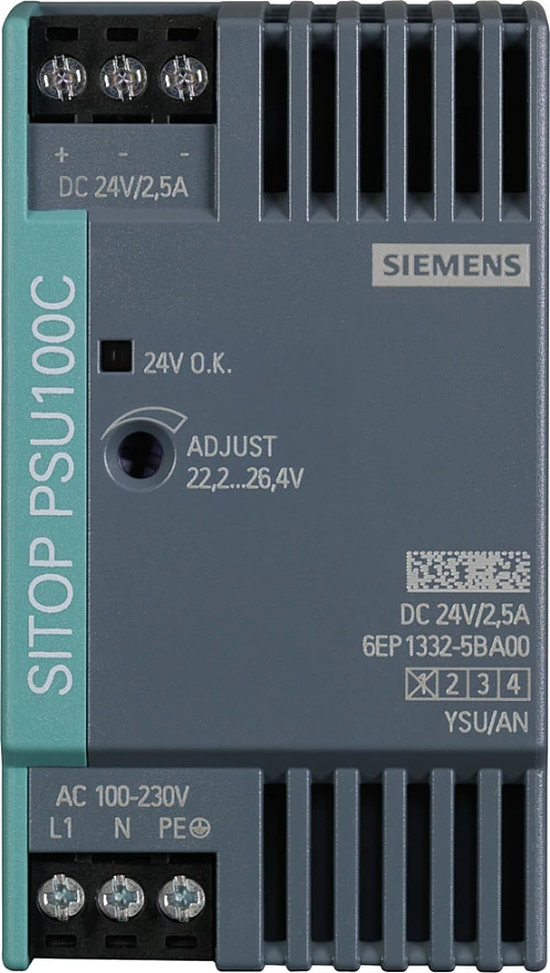Furnizues energjie Siemens SITOP PSU100C 6EP13325BA00, 24V 2.5A 60W, 120-230VAC, gri/jeshile