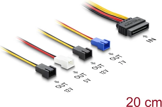 Kabllo energjie DeLOCK SATA 15-pin në 4x 2-pin fan, 20 cm, 12V/7V/5V