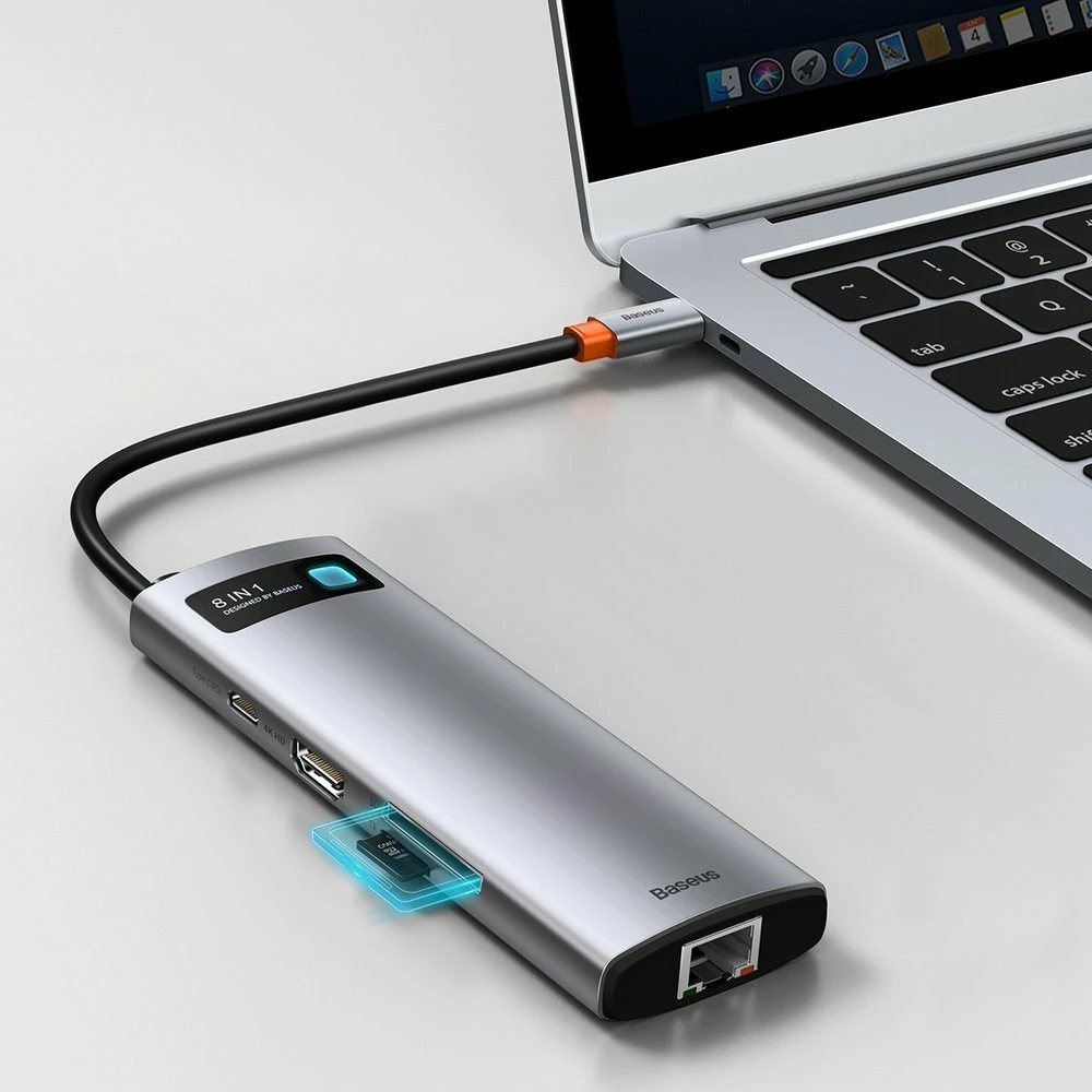 HUB Baseus Metal Gleam 8in1, USB-C, HDMI 4K, RJ45, 100W PD, Gri