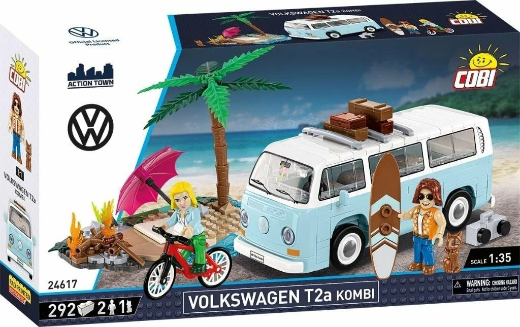 Set blloqesh ndërtimi Cobi Volkswagen VW T2a Kombi 24617, 292 copë, shkalla 1:35, 2 figura + 1 mace, bardhë/blu e hapur