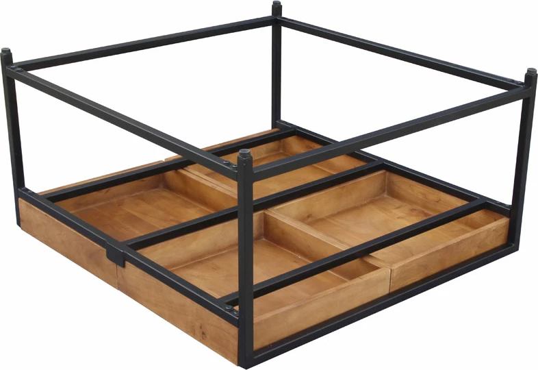 Tavolinë kafeje Combo, dru akacie ngjyrë arre, këmbë metalike të zeza, 84x80x42cm