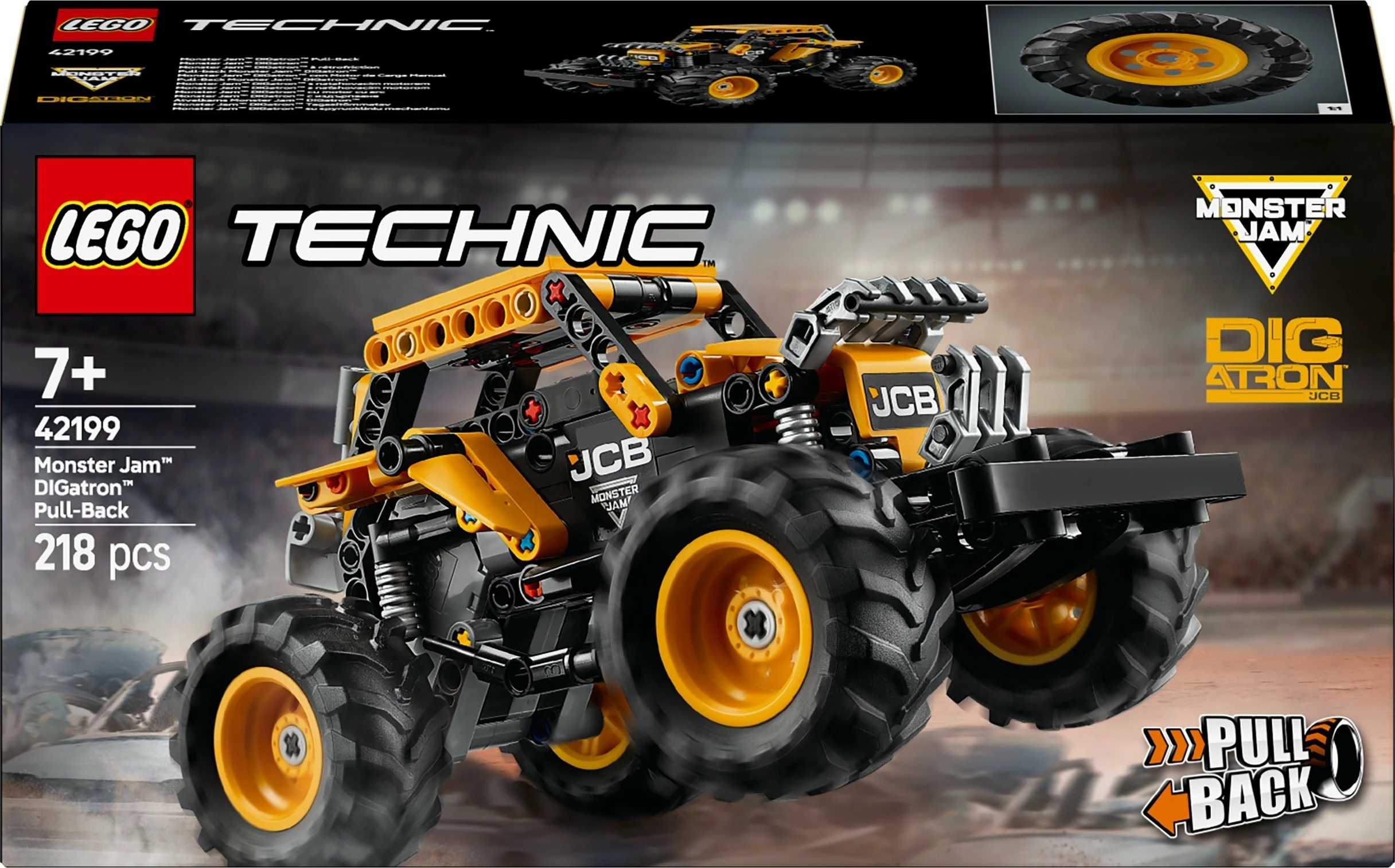 Set LEGO Technic Monster Jam DIGatron 42199, 218 pjesë, Pull-Back, 7+, e zezë me të verdhë
