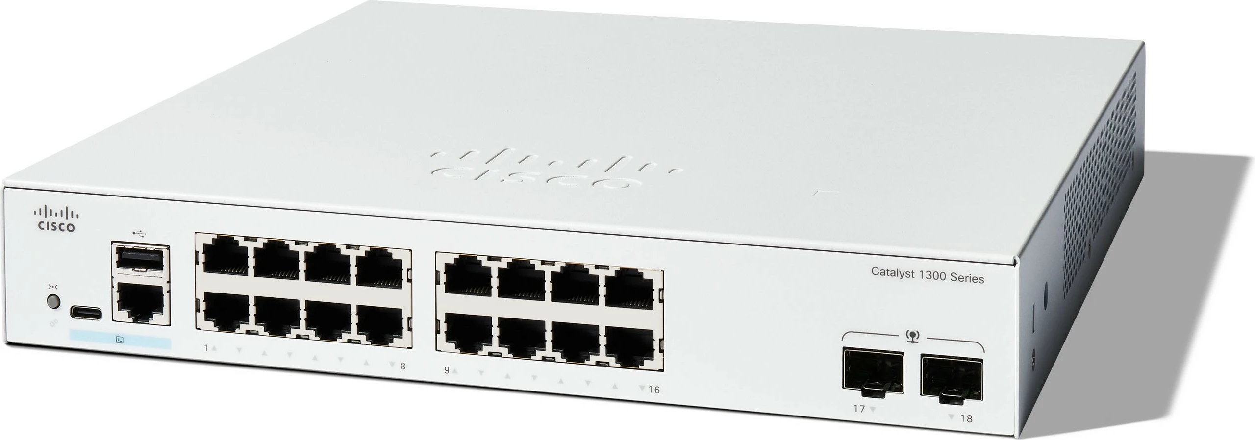 Switch Cisco Catalyst 1300-16T-2G, 16 porta GE, 2x1GE SFP, i menaxhueshëm, metalik