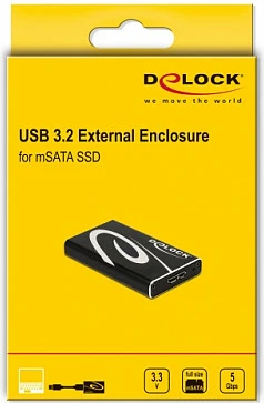 Kuti ekstern DeLOCK për mSATA SSD, USB 3.2 Gen 1, 5 Gbit/s, e zezë