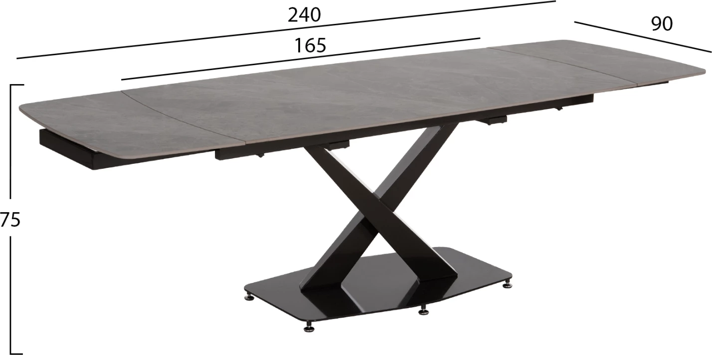 Tavolinë ngrënie e zgjatshme HOKU FH18410, sipërfaqe qeramike ngjyrë mermeri gri, 165/240x90x75 cm