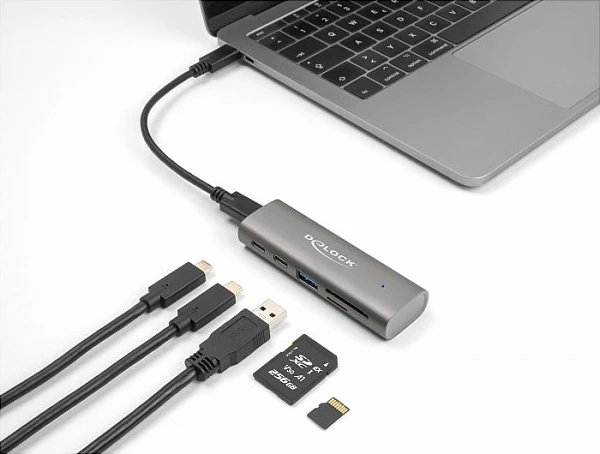 USB-C Hub DeLOCK 3-Port, 10Gbps, me lexues SD/MicroSD, gri