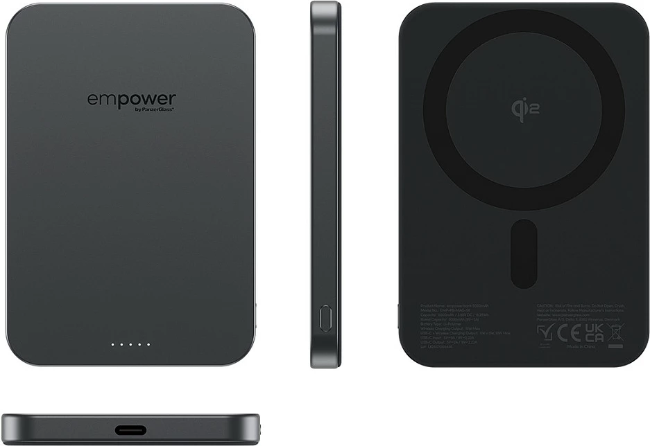 Power bank PanzerGlass empower bank 5000mAh, Qi2 15W, MagSafe, USB-C 20W, Space Black