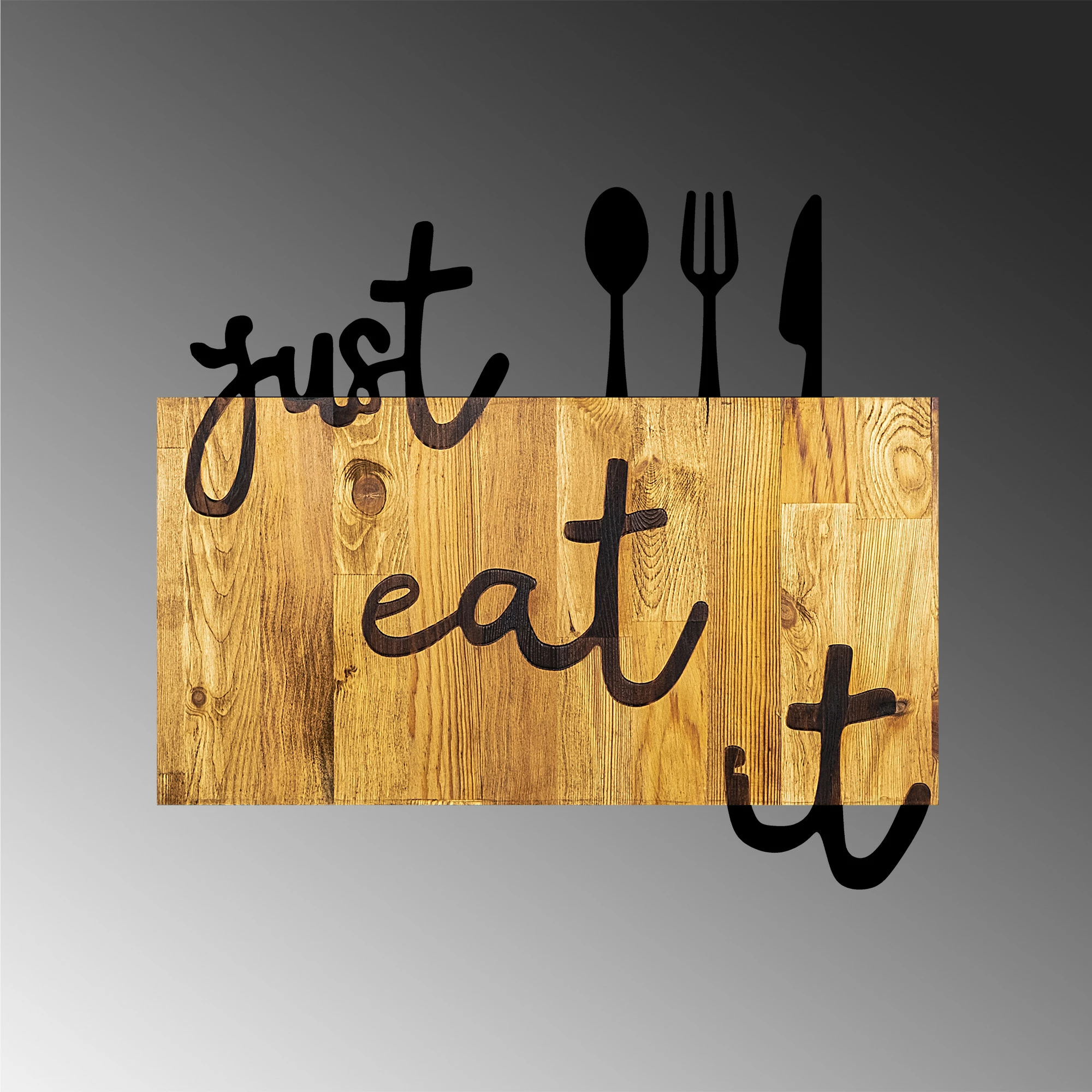 Aksesor dekorativ prej druri për mur, Wallity, Just Eat It, ngjyrë arre dhe e zezë, 58x3x52cm