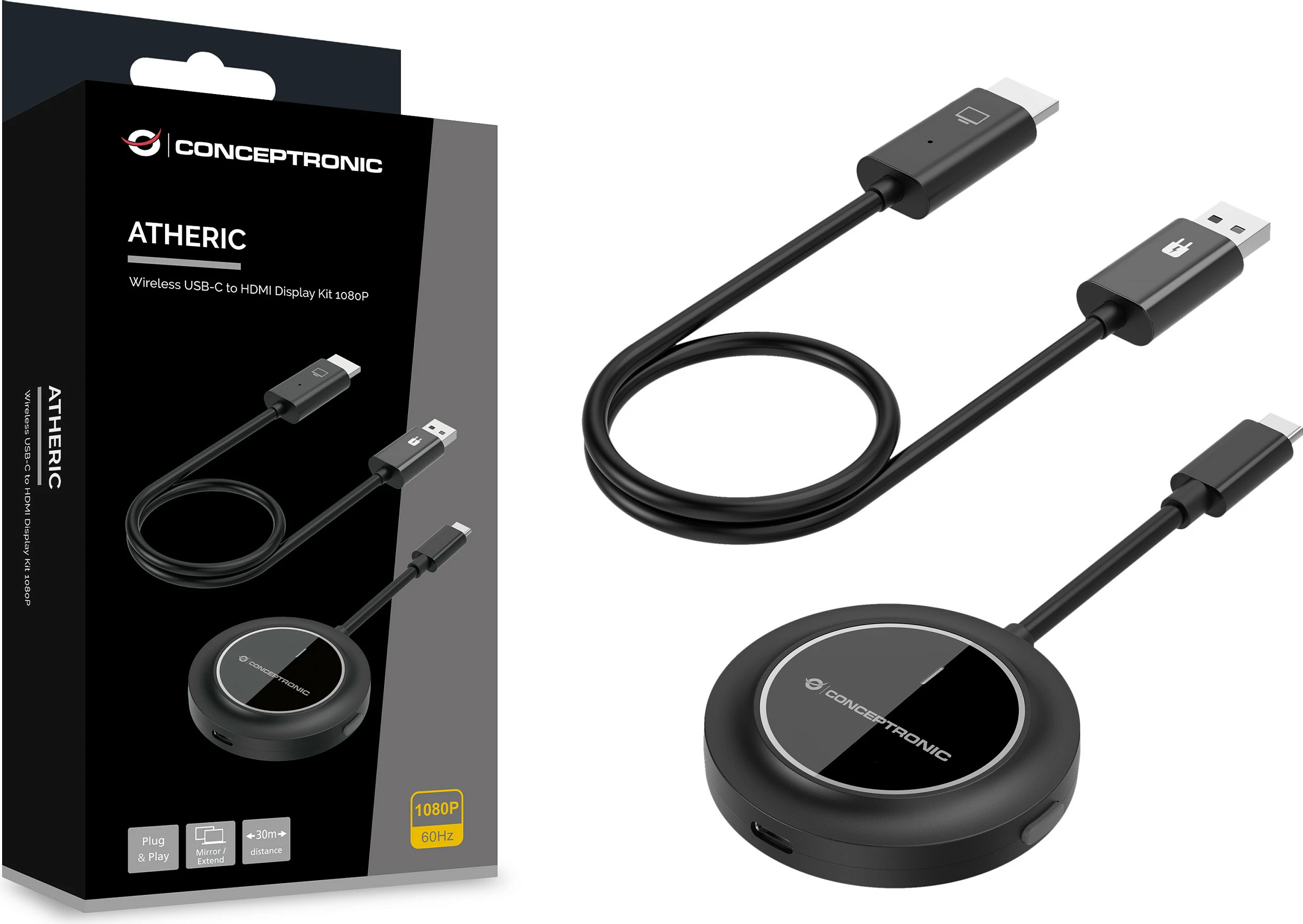 Adapter wireless USB-C në HDMI Conceptronic, 1080p/60Hz, 30m, i zi