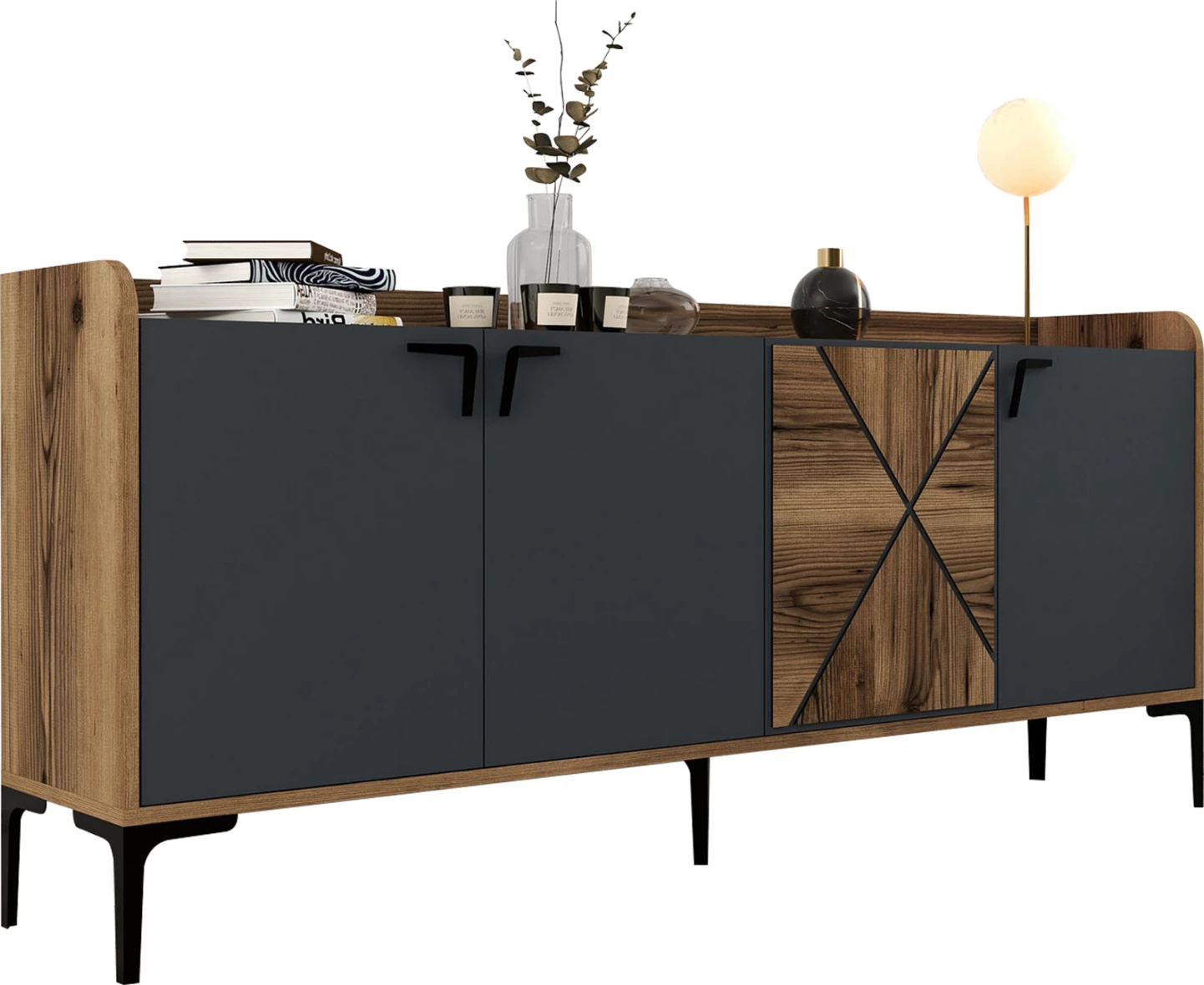 Bufe melamine, ngjyrë arre dhe gri qymyr, 180x35x78H cm, FH9433.01